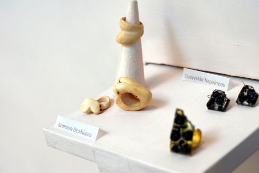 Despina Theodorou - Rings: wood. Evaggelia Neroutsou: Earrings and ring: resin, cookies. Photo by Eleni Roumpou