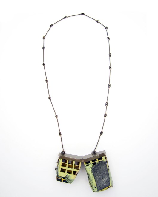 Demitra Thomloudis - "Perforated Cleft Slab" (2013). Necklace. Cement, plywood, nickel silver, silver solder, pigment. Picture courtesy of the artist.